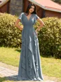 Opulent A-line V-Neck Short Sleeves Ruffles Floor-Length Chiffon Bridesmaid Dress
