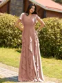 Opulent A-line V-Neck Short Sleeves Ruffles Floor-Length Chiffon Bridesmaid Dress