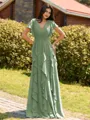 Opulent A-line V-Neck Short Sleeves Ruffles Floor-Length Chiffon Bridesmaid Dress