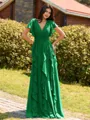 Opulent A-line V-Neck Short Sleeves Ruffles Floor-Length Chiffon Bridesmaid Dress