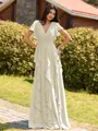 Opulent A-line V-Neck Short Sleeves Ruffles Floor-Length Chiffon Bridesmaid Dress