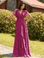 Opulent A-line V-Neck Short Sleeves Ruffles Floor-Length Chiffon Bridesmaid Dress