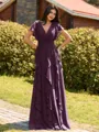 Opulent A-line V-Neck Short Sleeves Ruffles Floor-Length Chiffon Bridesmaid Dress