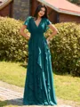 Opulent A-line V-Neck Short Sleeves Ruffles Floor-Length Chiffon Bridesmaid Dress