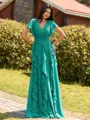 Opulent A-line V-Neck Short Sleeves Ruffles Floor-Length Chiffon Bridesmaid Dress