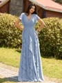 Opulent A-line V-Neck Short Sleeves Ruffles Floor-Length Chiffon Bridesmaid Dress
