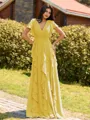 Opulent A-line V-Neck Short Sleeves Ruffles Floor-Length Chiffon Bridesmaid Dress