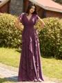 Opulent A-line V-Neck Short Sleeves Ruffles Floor-Length Chiffon Bridesmaid Dress