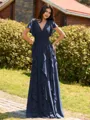 Opulent A-line V-Neck Short Sleeves Ruffles Floor-Length Chiffon Bridesmaid Dress