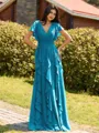 Opulent A-line V-Neck Short Sleeves Ruffles Floor-Length Chiffon Bridesmaid Dress