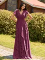 Opulent A-line V-Neck Short Sleeves Ruffles Floor-Length Chiffon Bridesmaid Dress