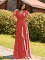 Opulent A-line V-Neck Short Sleeves Ruffles Floor-Length Chiffon Bridesmaid Dress