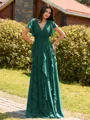 Opulent A-line V-Neck Short Sleeves Ruffles Floor-Length Chiffon Bridesmaid Dress