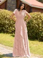 Opulent A-line V-Neck Short Sleeves Ruffles Floor-Length Chiffon Bridesmaid Dress