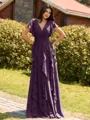 Opulent A-line V-Neck Short Sleeves Ruffles Floor-Length Chiffon Bridesmaid Dress