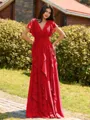 Opulent A-line V-Neck Short Sleeves Ruffles Floor-Length Chiffon Bridesmaid Dress