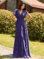 Opulent A-line V-Neck Short Sleeves Ruffles Floor-Length Chiffon Bridesmaid Dress