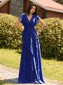 Opulent A-line V-Neck Short Sleeves Ruffles Floor-Length Chiffon Bridesmaid Dress