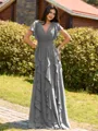 Opulent A-line V-Neck Short Sleeves Ruffles Floor-Length Chiffon Bridesmaid Dress