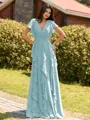 Opulent A-line V-Neck Short Sleeves Ruffles Floor-Length Chiffon Bridesmaid Dress