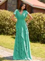 Opulent A-line V-Neck Short Sleeves Ruffles Floor-Length Chiffon Bridesmaid Dress