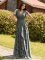 Opulent A-line V-Neck Short Sleeves Ruffles Floor-Length Chiffon Bridesmaid Dress