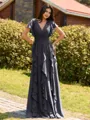 Opulent A-line V-Neck Short Sleeves Ruffles Floor-Length Chiffon Bridesmaid Dress