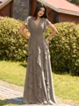 Opulent A-line V-Neck Short Sleeves Ruffles Floor-Length Chiffon Bridesmaid Dress