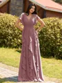 Opulent A-line V-Neck Short Sleeves Ruffles Floor-Length Chiffon Bridesmaid Dress