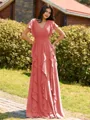 Opulent A-line V-Neck Short Sleeves Ruffles Floor-Length Chiffon Bridesmaid Dress