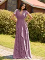 Opulent A-line V-Neck Short Sleeves Ruffles Floor-Length Chiffon Bridesmaid Dress