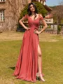 Splendid A-line Cold Shoulder Pleated Floor-Length Chiffon Bridesmaid Dress
