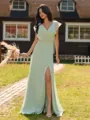 Luxurious A-line V-Neck Short Sleeves Pleated Floor-Length Chiffon Bridesmaid Dress