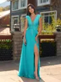 Unique A-line V-Neck Cap Sleeves Appliques Lace Floor-Length Chiffon Bridesmaid Dress