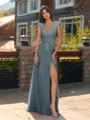 Unique A-line V-Neck Cap Sleeves Appliques Lace Floor-Length Chiffon Bridesmaid Dress
