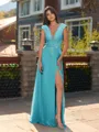Unique A-line V-Neck Cap Sleeves Appliques Lace Floor-Length Chiffon Bridesmaid Dress
