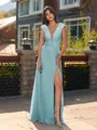Unique A-line V-Neck Cap Sleeves Appliques Lace Floor-Length Chiffon Bridesmaid Dress