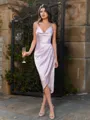 Charming Sheath Spaghetti Straps Pleated Tea-Length Silk Like Satin Bridesmaid Dress