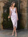 Charming Sheath Spaghetti Straps Pleated Tea-Length Silk Like Satin Bridesmaid Dress