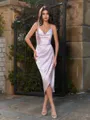Charming Sheath Spaghetti Straps Pleated Tea-Length Silk Like Satin Bridesmaid Dress