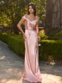 Hermosos Sheath Off-the-Shoulder Pleated Floor-Length Silk like Satin Bridesmaid Dress