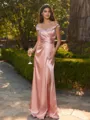 Hermosos Sheath Off-the-Shoulder Pleated Floor-Length Silk like Satin Bridesmaid Dress