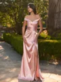 Hermosos Sheath Off-the-Shoulder Pleated Floor-Length Silk like Satin Bridesmaid Dress