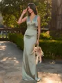 Perfect Sheath V-Neck Pleated Floor-Length Silk like Satin Bridesmaid Dress