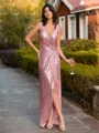 Trendy Sheath V-Neck Pleated Floor-Length Sequins Bridesmaid Dress