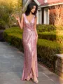 Trendy Sheath V-Neck Pleated Floor-Length Sequins Bridesmaid Dress