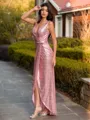 Trendy Sheath V-Neck Pleated Floor-Length Sequins Bridesmaid Dress