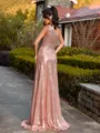 Glam A-line One-Shoulder Pleated Floor-Length Sequins Bridesmaid Dress