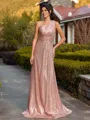 Glam A-line One-Shoulder Pleated Floor-Length Sequins Bridesmaid Dress