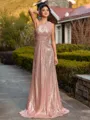 Glam A-line One-Shoulder Pleated Floor-Length Sequins Bridesmaid Dress